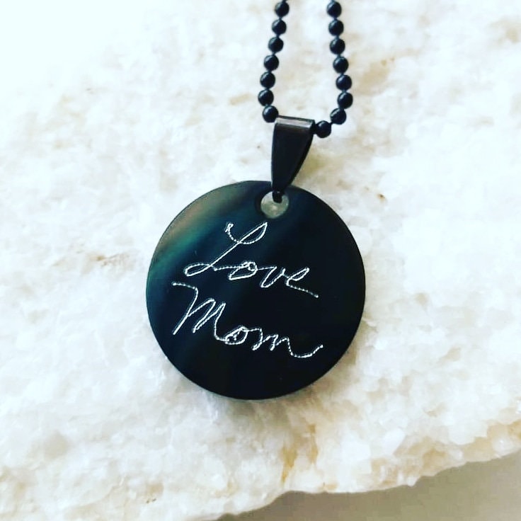 Personalized coin pendant in black, Actual Handwriting necklace