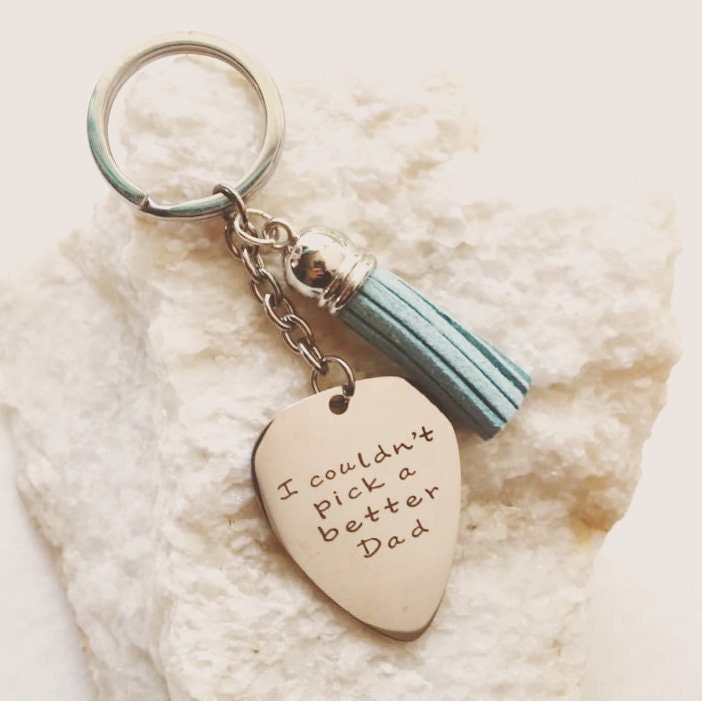 I couldn't pick a better dad - Engraved key chain, silver guitar pick, Fathers day gift,