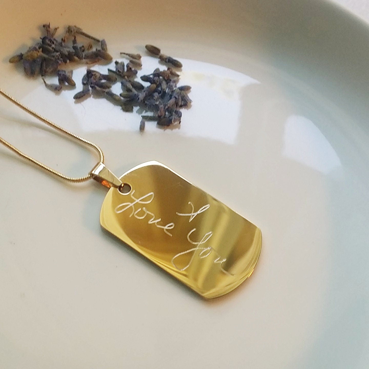 Military tag necklace, Handwriting engraved on gold tag pendant