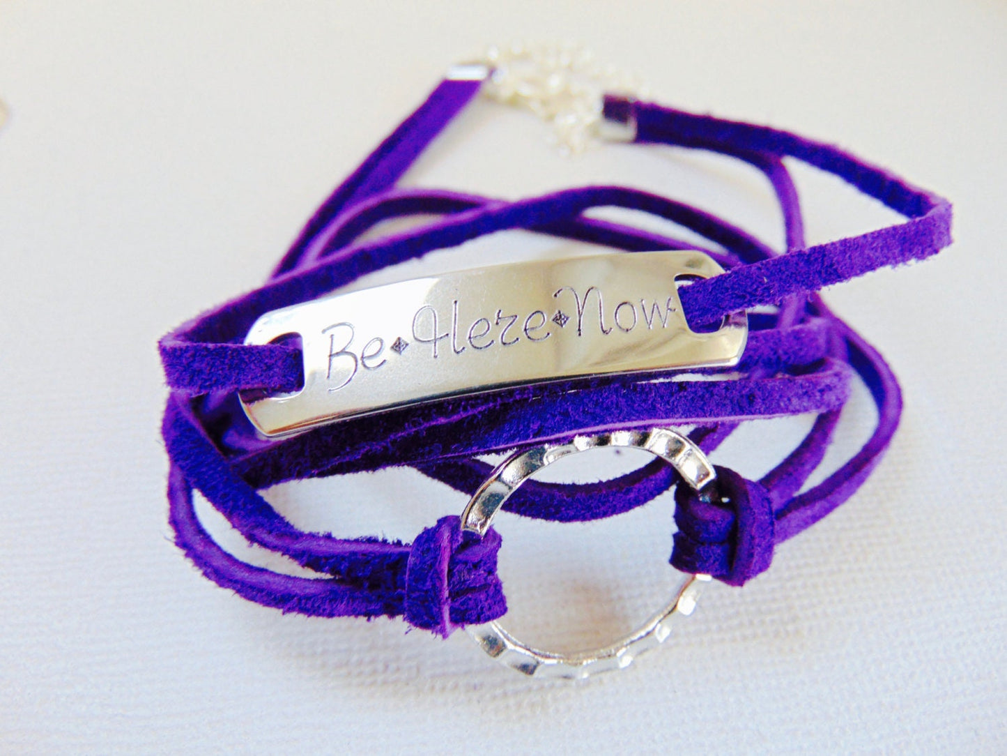 Personalized wrap leather bracelet in purple/turquoise/Tan