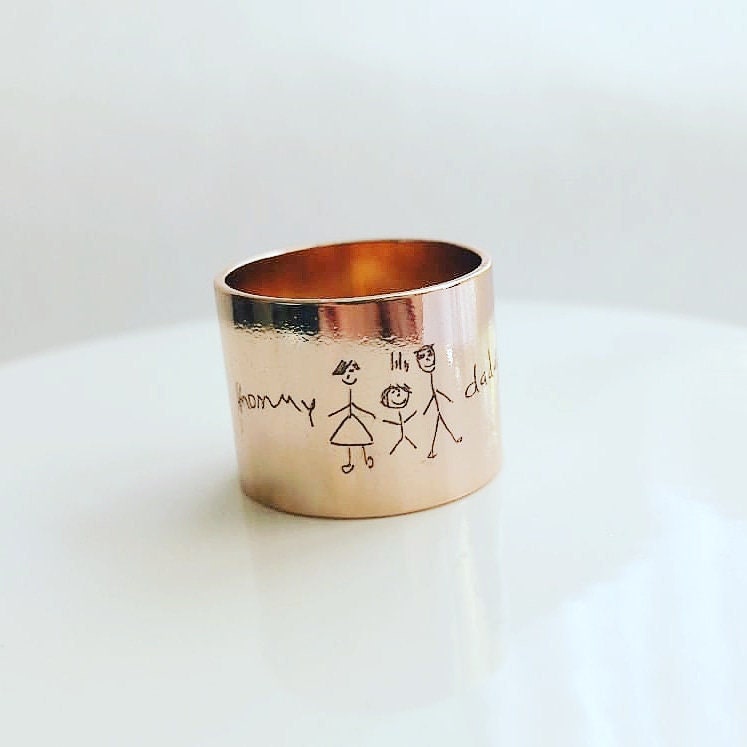 Custom handwriting tube ring, engraved rose gold ring band, child drawing ring, Signature ring, memorial keepsake gift, personalized ring