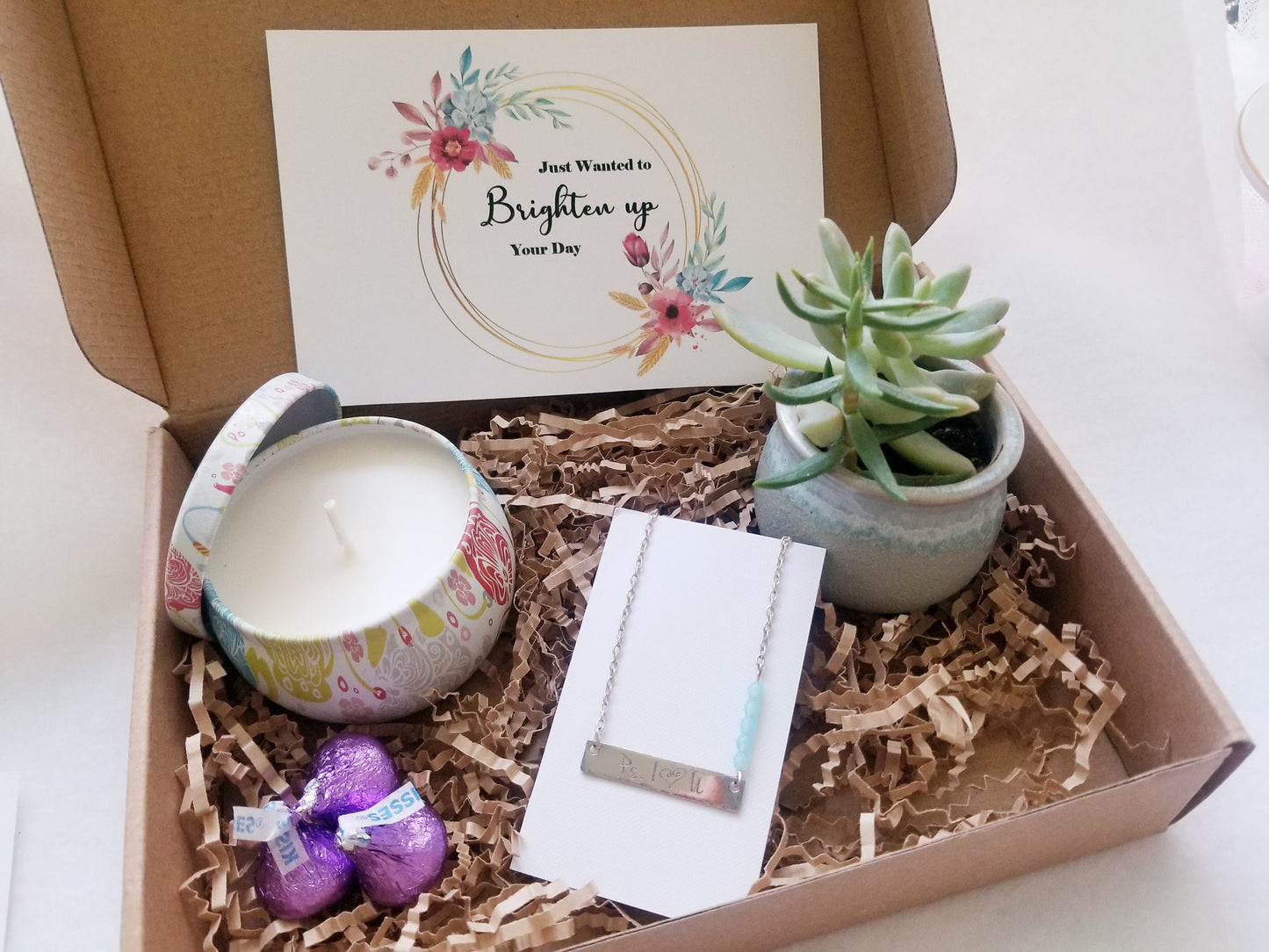 Just wanted to brighten your day - Encouragement care package, Candle, succulent and necklace