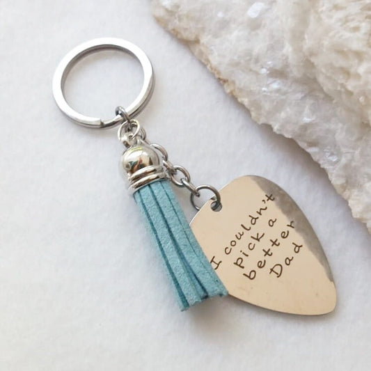 I couldn't pick a better dad - Engraved key chain, silver guitar pick, Fathers day gift,