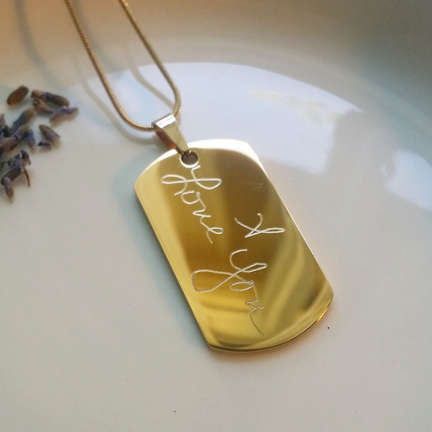 Military tag necklace, Handwriting engraved on gold tag pendant