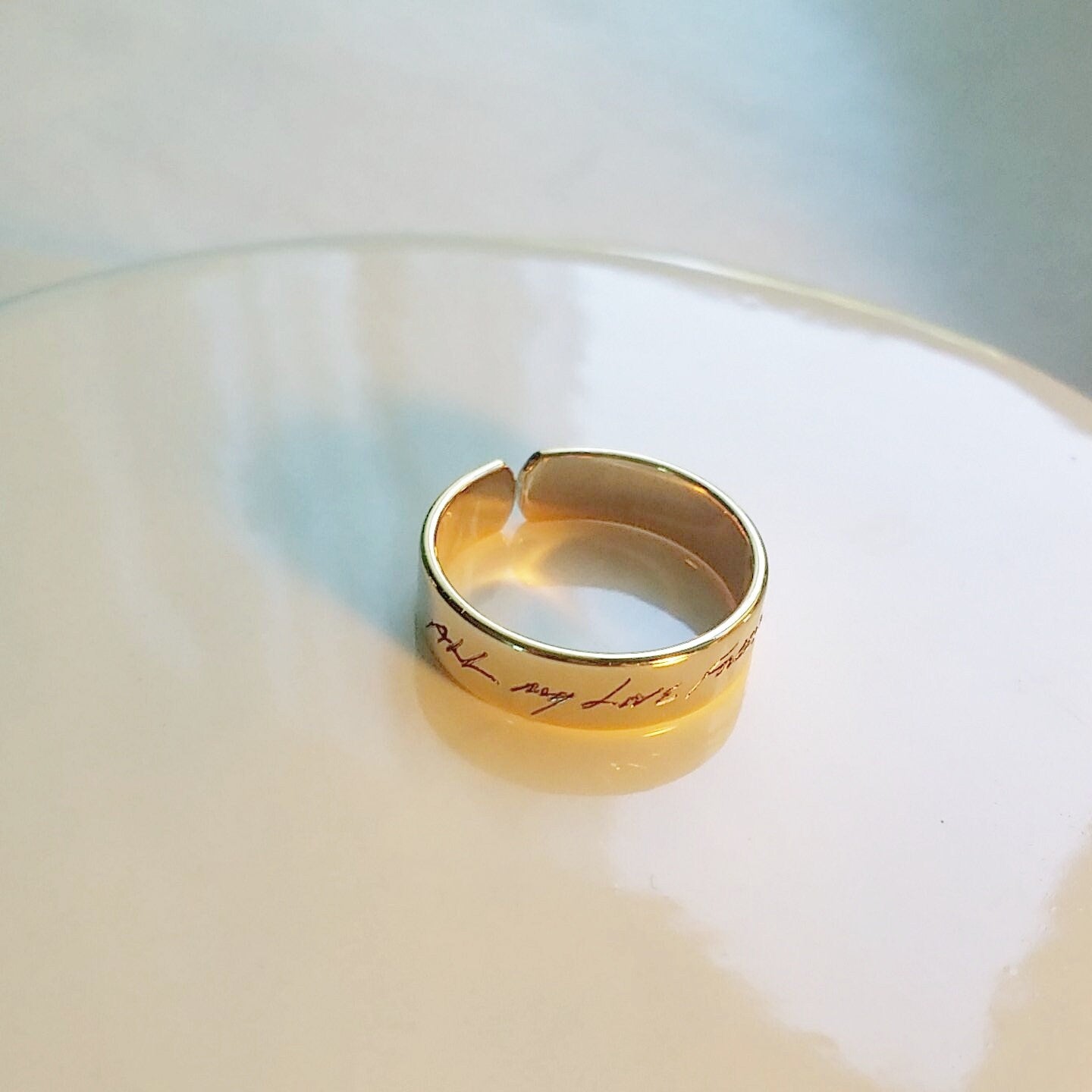 Custom handwriting engraved on adjustable ring band in silver, gold or rose gold