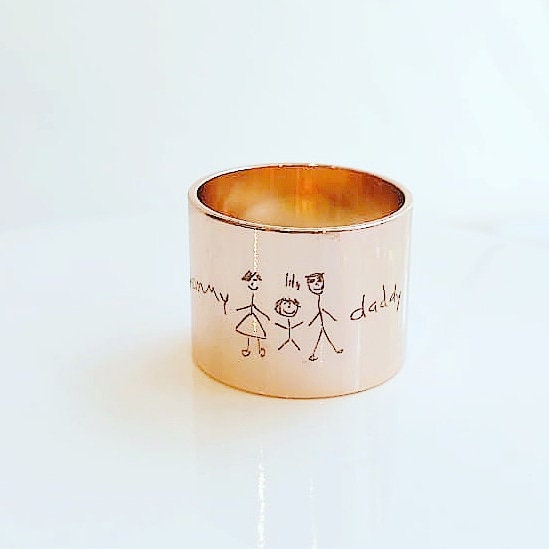 Custom handwriting tube ring, engraved rose gold ring band, child drawing ring, Signature ring, memorial keepsake gift, personalized ring