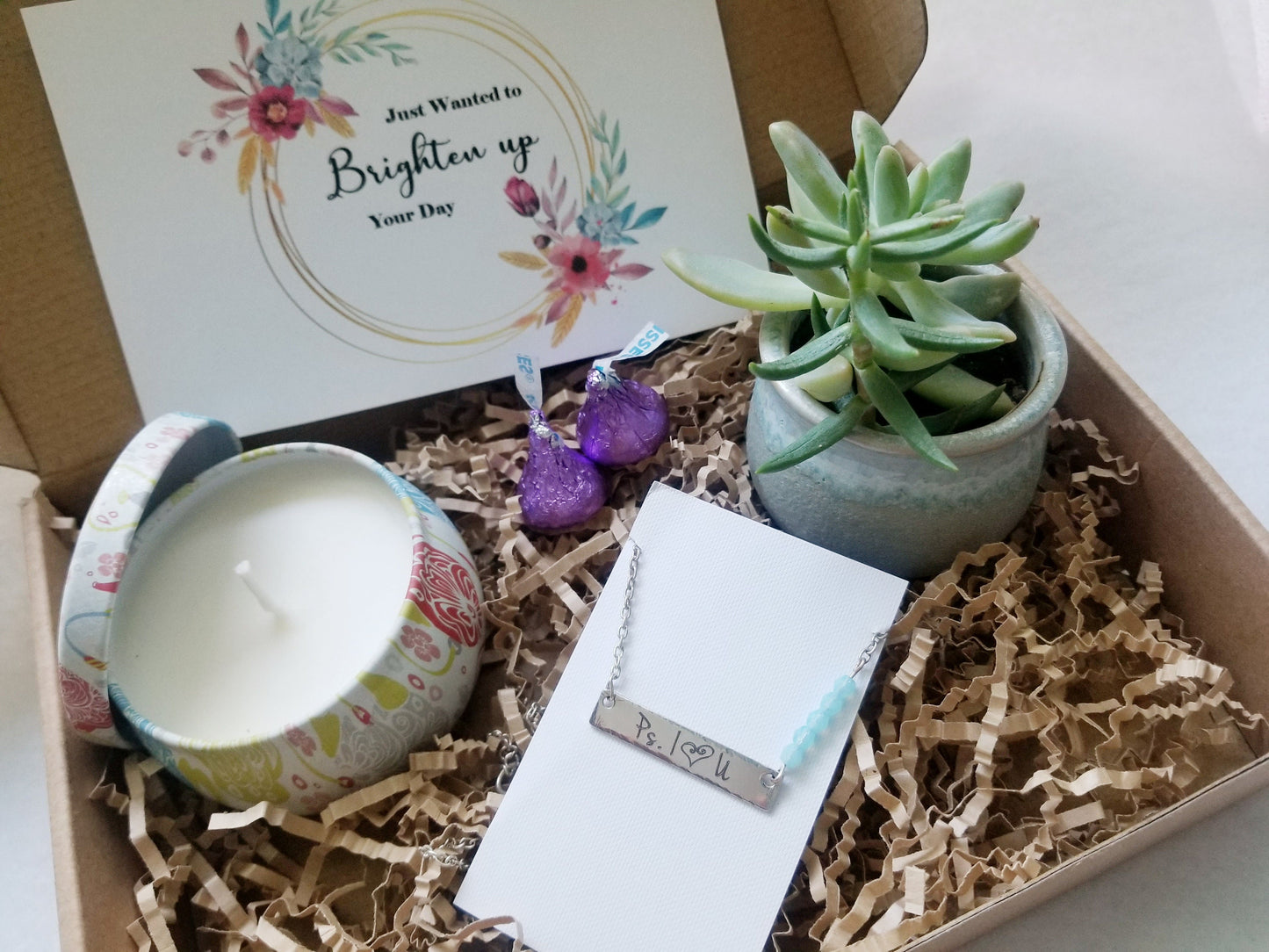 Just wanted to brighten your day - Encouragement care package, Candle, succulent and necklace