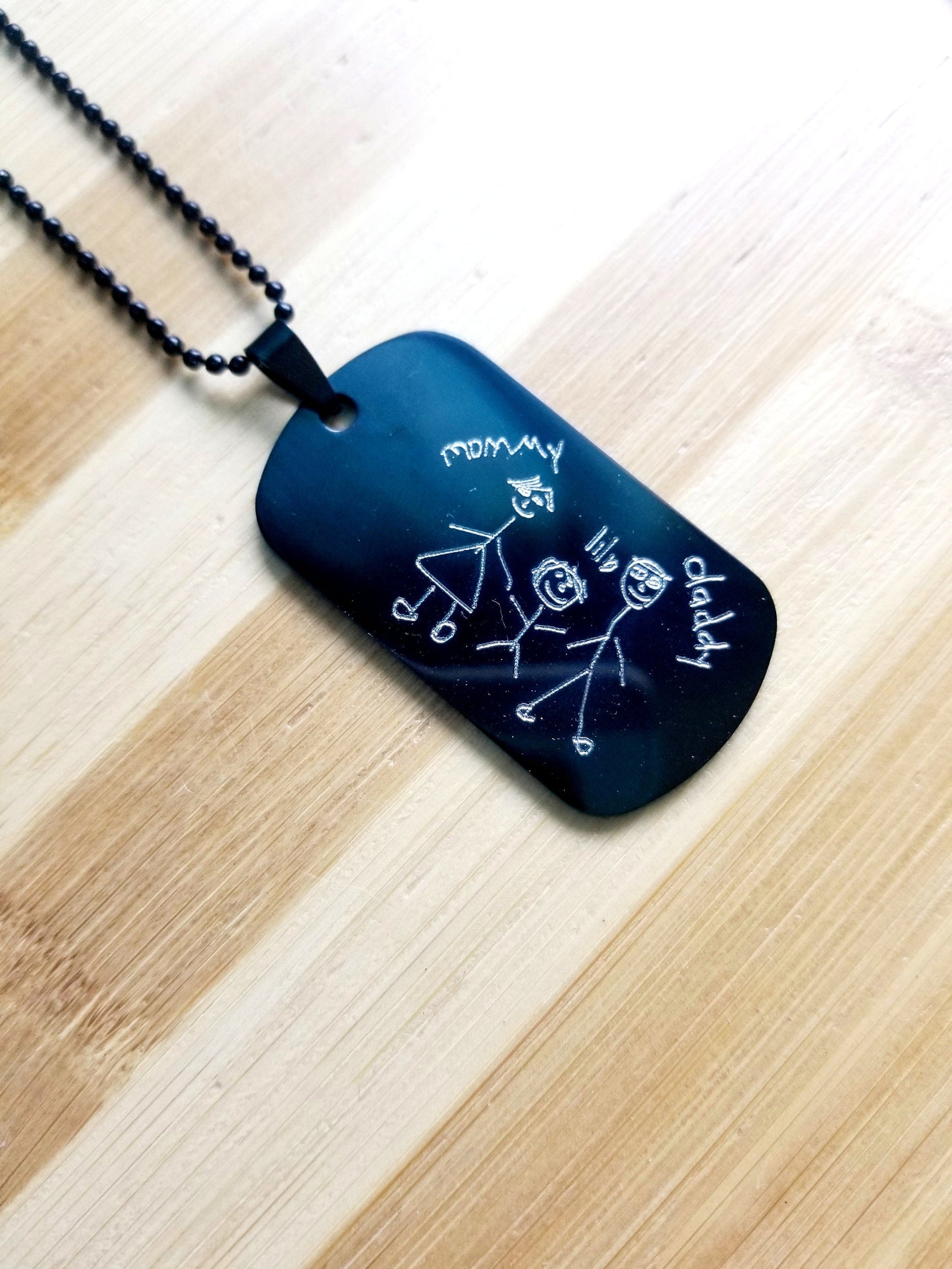 Black military tag necklace, child drawing necklace, Fathers day gift.