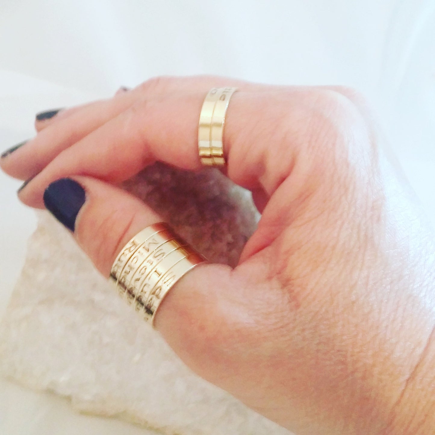 Stackable ring engraved with Child's Name or message. Adjustable band