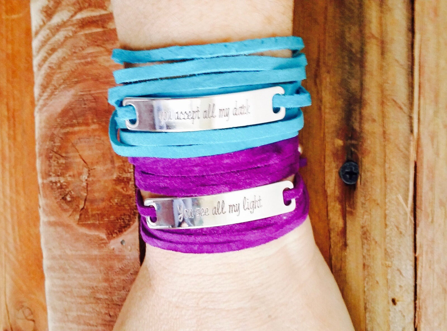 Turquoise Leather wrap bracelet, custom message engraved on bar bracelet
