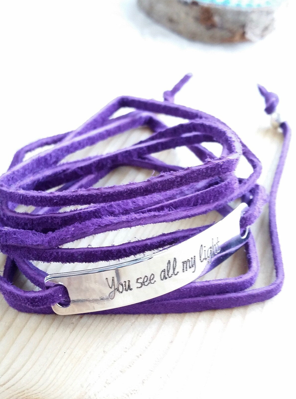 Turquoise Leather wrap bracelet, custom message engraved on bar bracelet