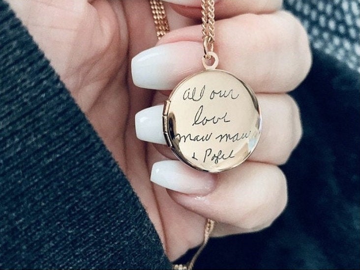 Actual handwriting engraved on Locket, in silver/rose/gold pendant