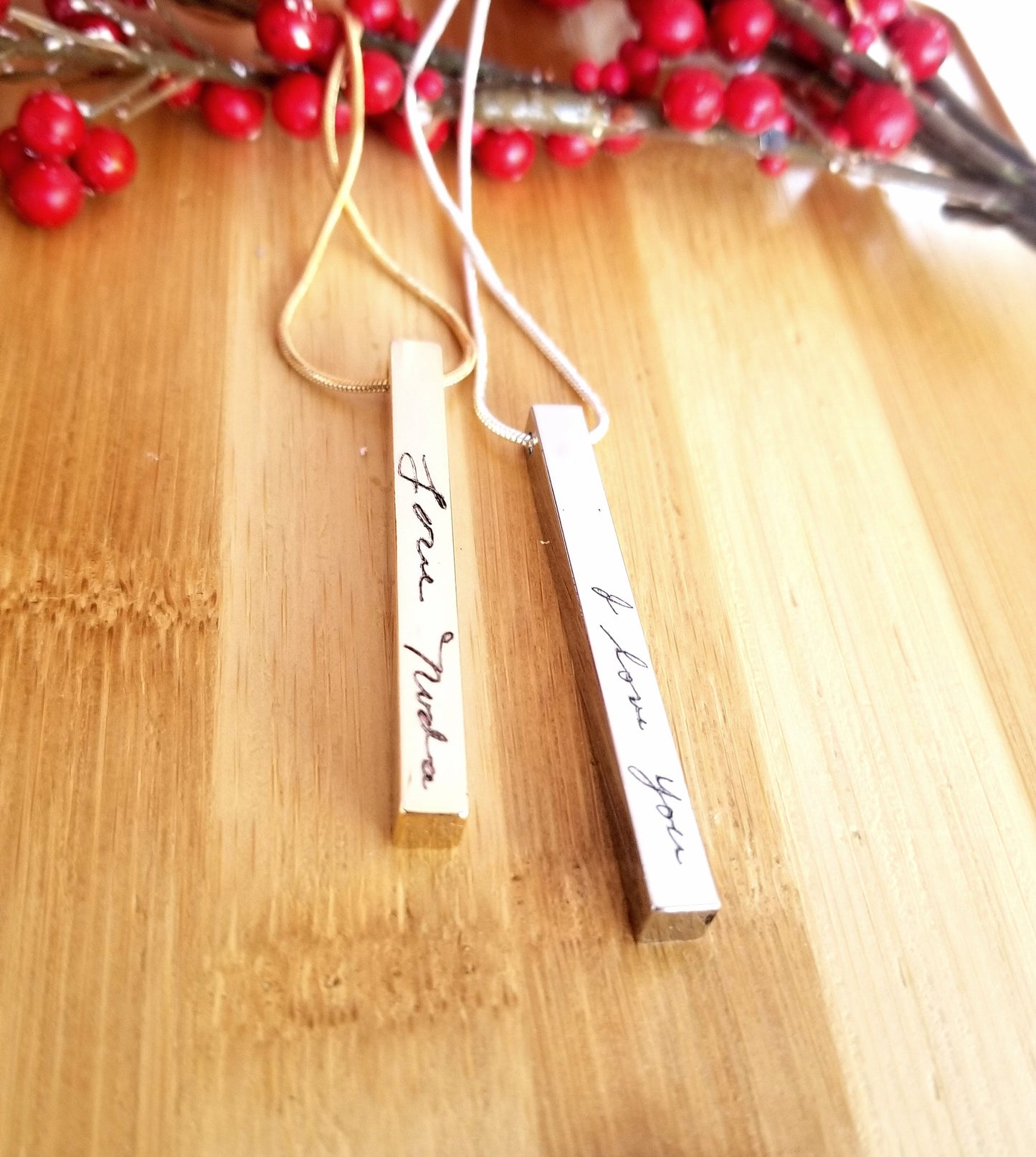 Vertical Custom handwriting necklace, 4 side cuboid engraved bar pendant