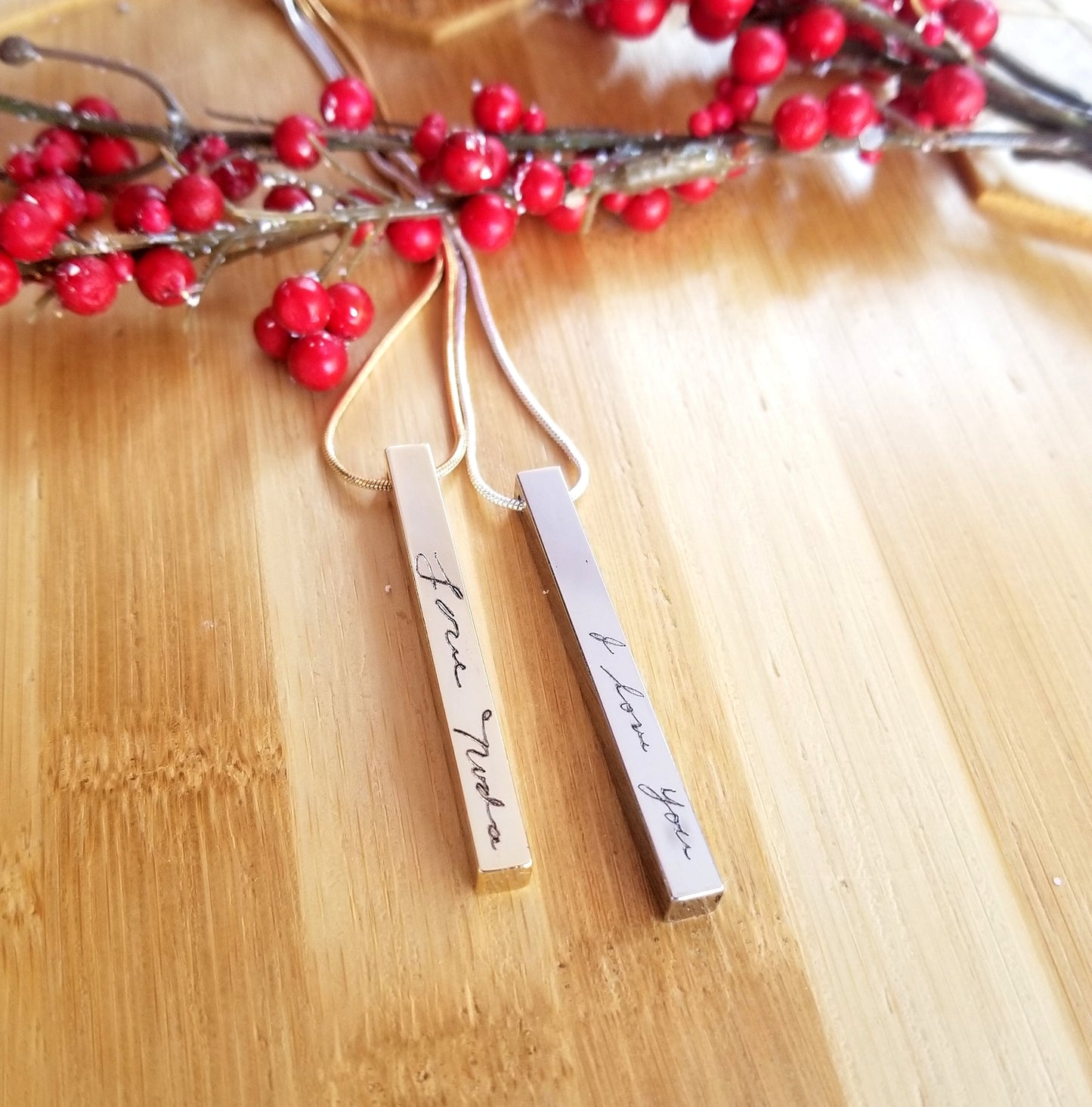 Vertical Custom handwriting necklace, 4 side cuboid engraved bar pendant