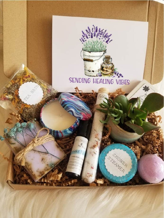 Healing vibes gift box, Thinking of you care package, spa gift basket, send healing vibes in a box, bath and beauty box, pamper yourself box