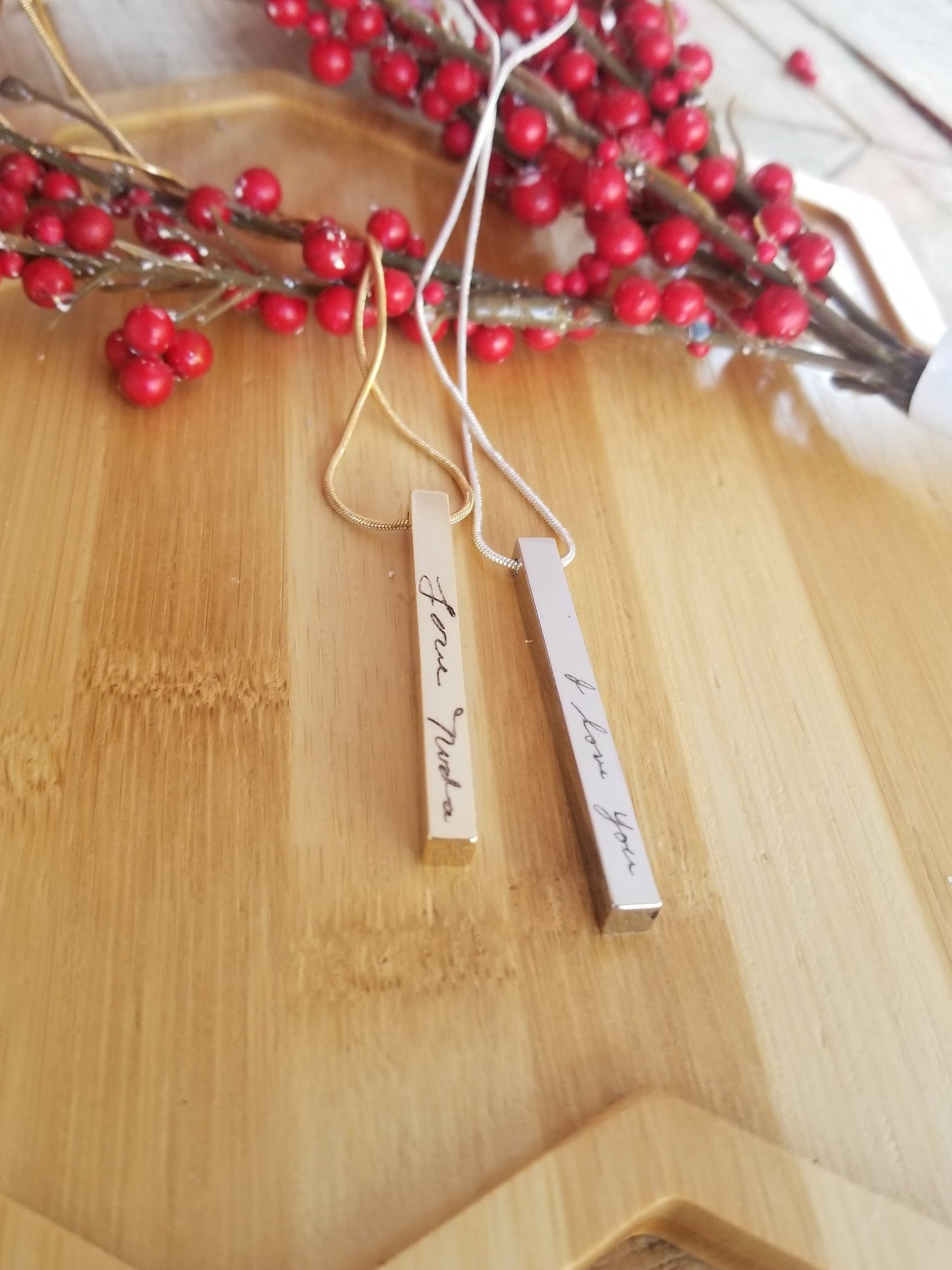 Custom handwriting on vertical cuboid necklace, 4 side engraved bar necklace