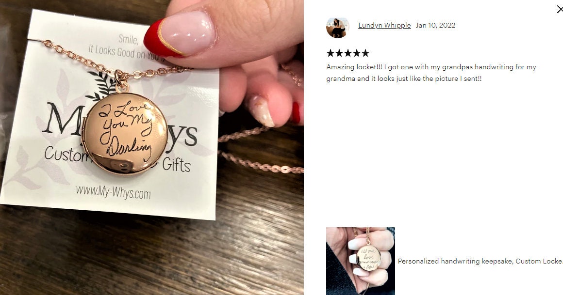 Engrave on a silver/gold/rose gold locket pendant, Actual handwriting necklace