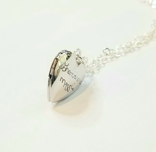 Tiny Heart locket necklace engraved with Actual handwriting in silver/gold/rose gold