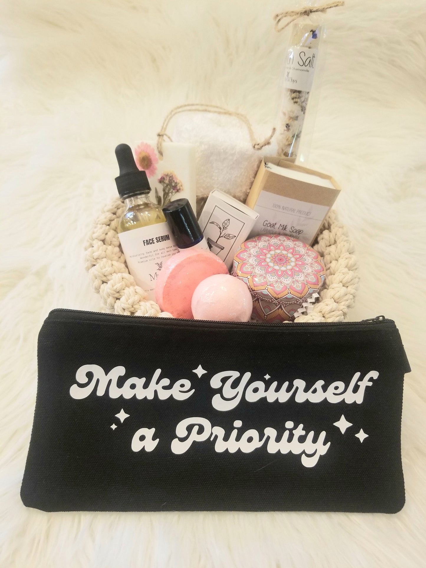 Mother's day gift set, Spa gift basket for her, mom birthday care package, relaxation gift basket for mom, Make yourself a priority spa set