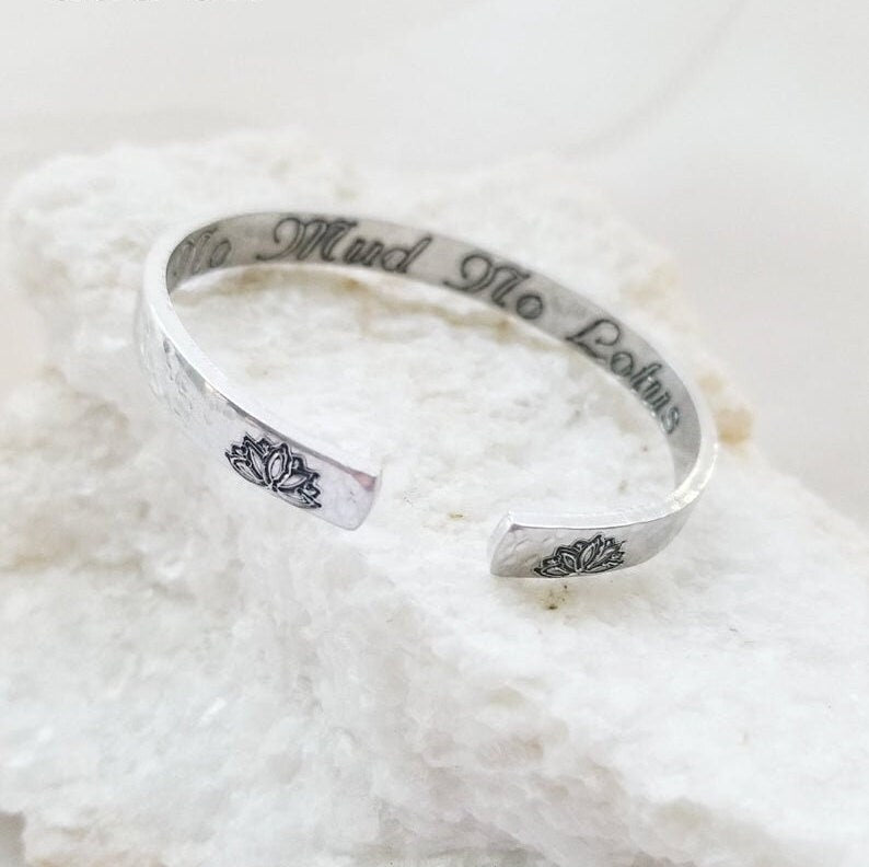 yoga lover gift box, mindfulness gift basket, spiritual yoga teacher gift, yoga jewelry, engraved silver cuff bracelet, no mud no lotus.