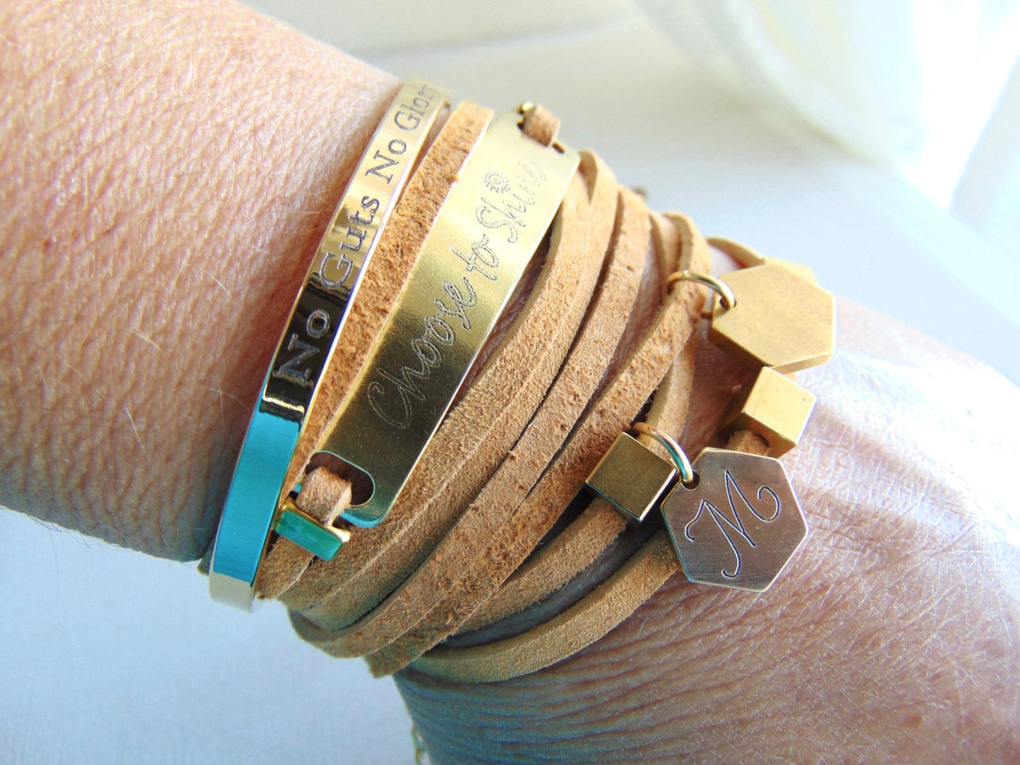 Pulsera de envoltura de cuero, pulsera de barra de mensaje inspiradora personalizada, pulsera estampada, joyería de cita motivacional grabada, elige brillar
