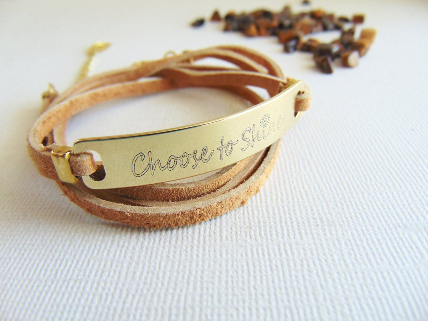 Pulsera de envoltura de cuero, pulsera de barra de mensaje inspiradora personalizada, pulsera estampada, joyería de cita motivacional grabada, elige brillar