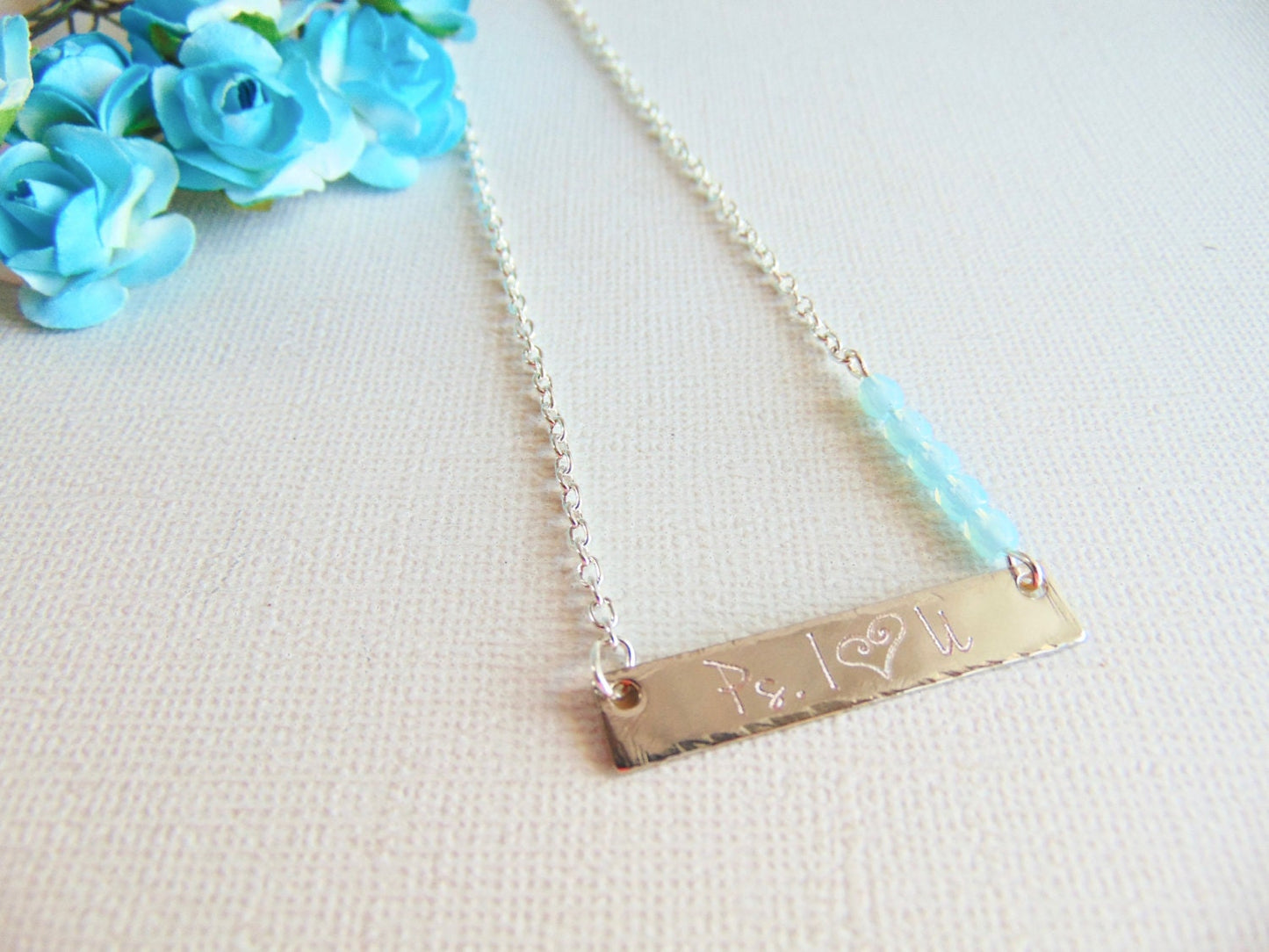 P.S I Love You necklace in Silver bar and Aquamarine glass beads