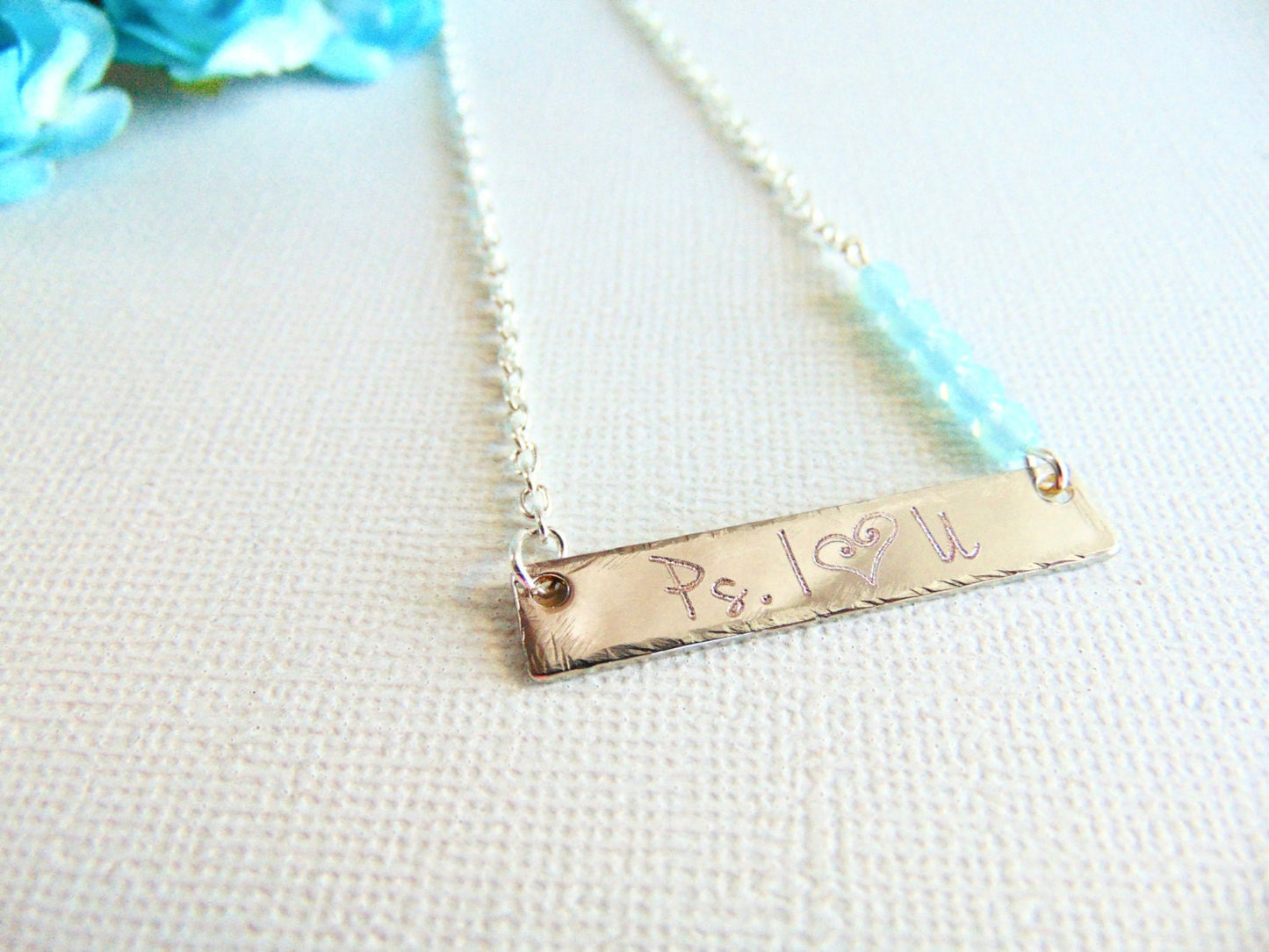 P.S I Love You necklace in Silver bar and Aquamarine glass beads