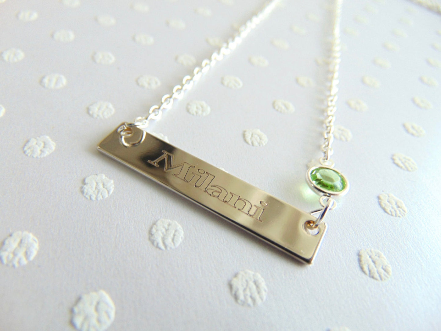 Birthstone nameplate necklace, custom name bar necklace, engraved message bar