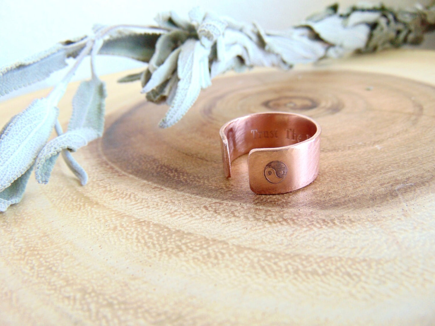 OM, Yoga, Secret message ring custom quote ring adjustable wide copper band Personalized engraved Ring spiritual jewelry Trust The Universe