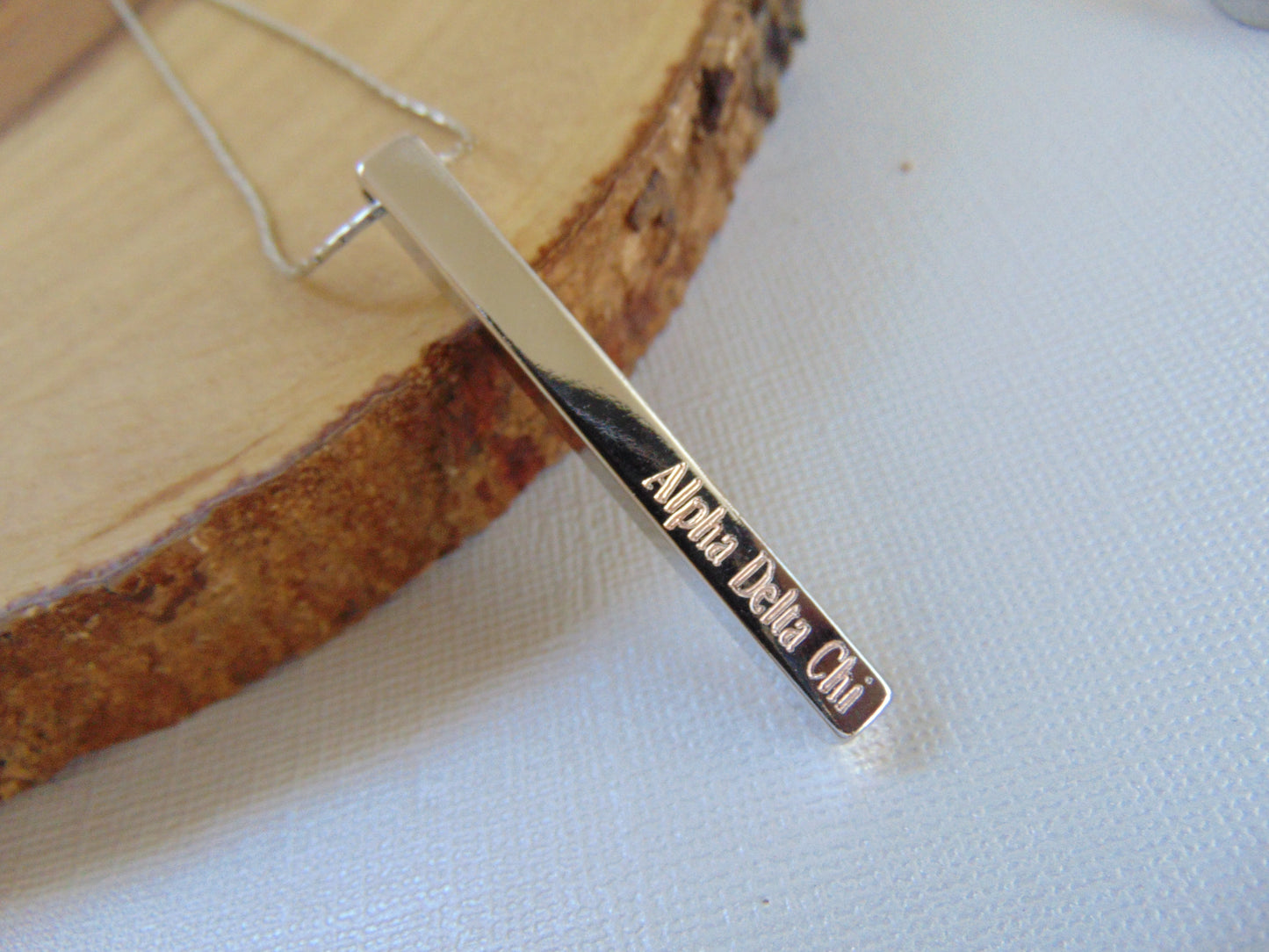 Custom handwriting on vertical cuboid necklace, 4 side engraved bar necklace