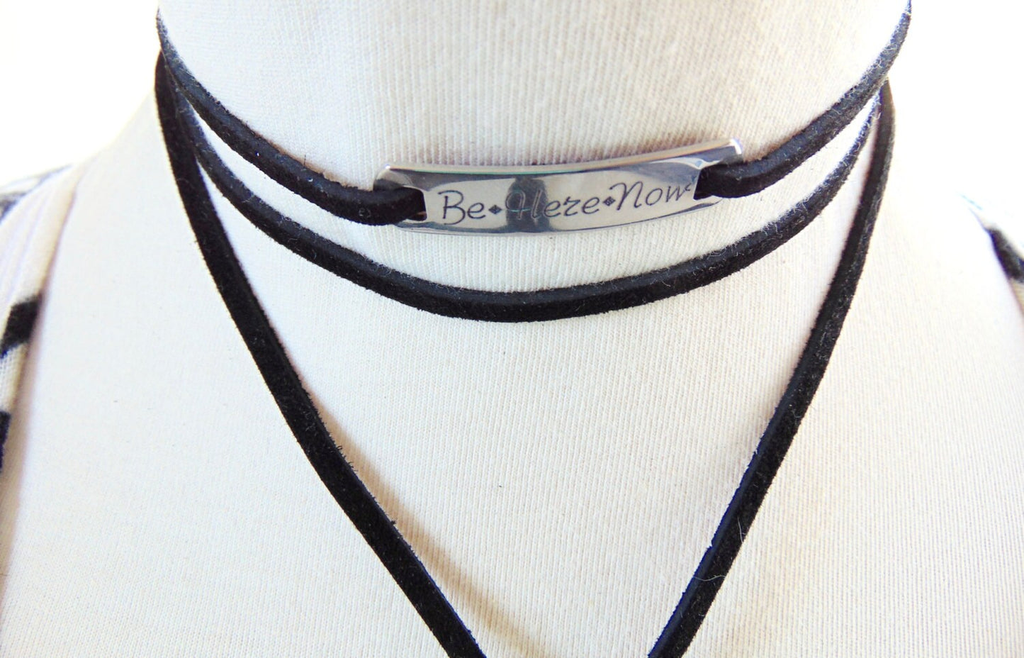 Personalized bar necklace with Black leather, Sued Y drop tie necklace, lariat