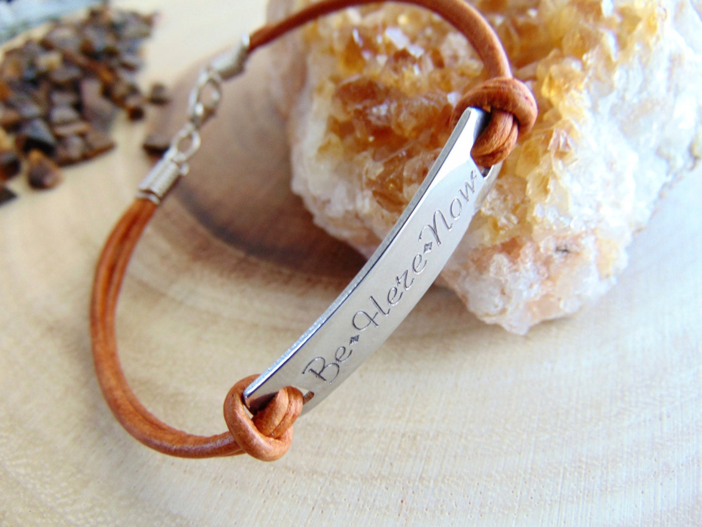 Personalized Engraved message on a bar bracelet and brown/black leather