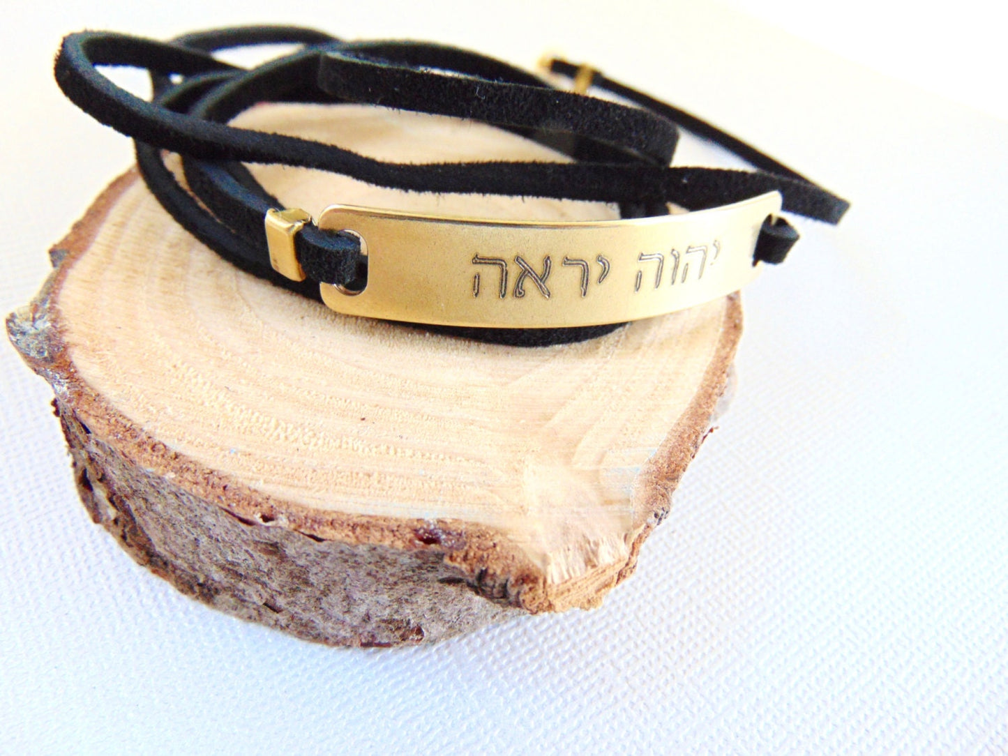 Black Leather wrap bracelet, Hebrew Quote engraving