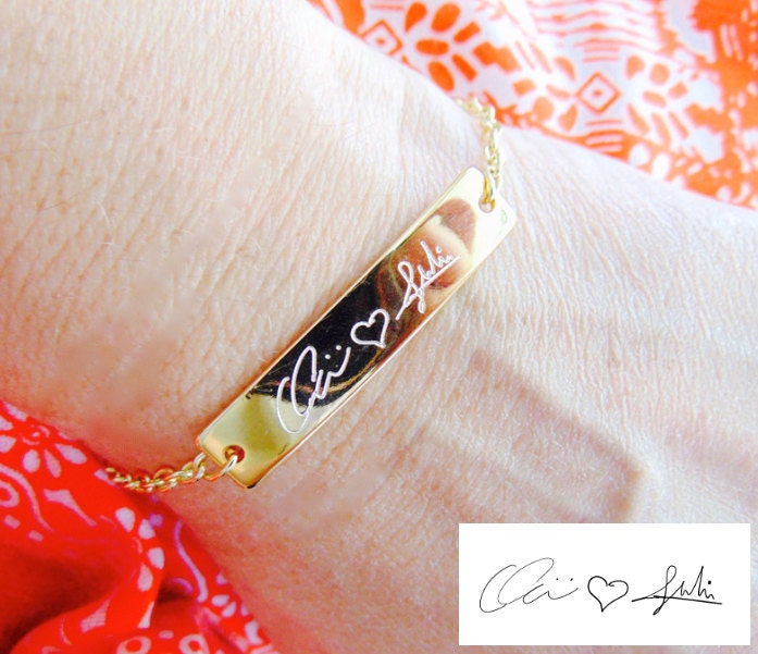Handwriting engraving on bar bracelet, in gold, silver or rose gold. adjustable