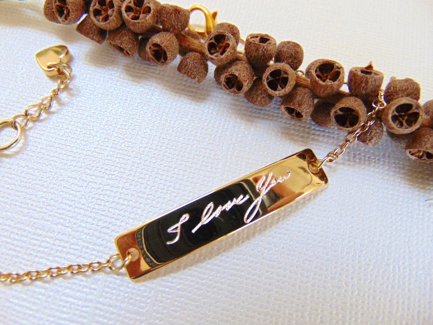 Bracelet gravé en or rose, bijoux d'écriture à la main personnalisés