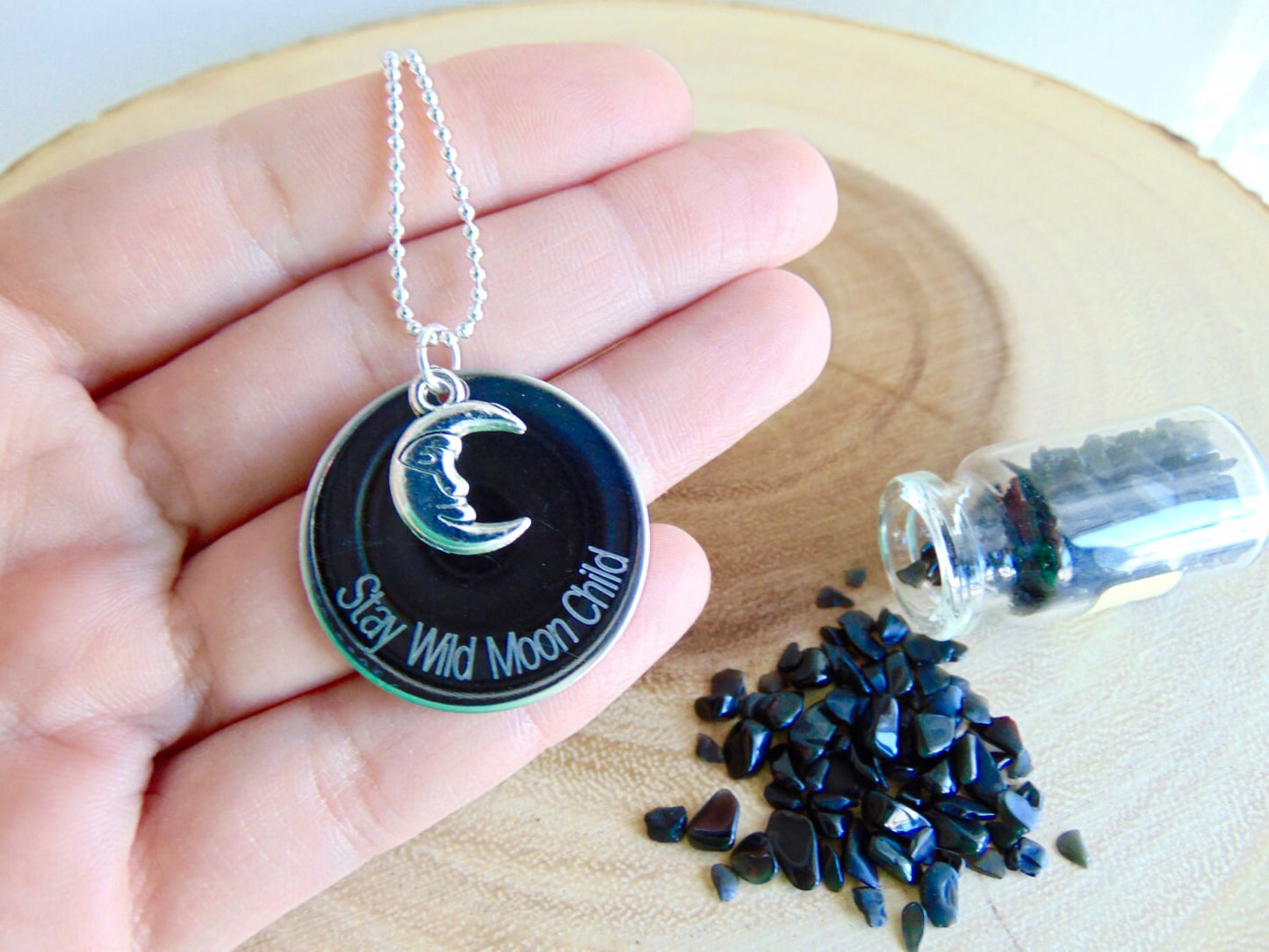 selenophile necklace, Moon necklace, Stay Wild Moon Child, Silver crescent moon pendant
