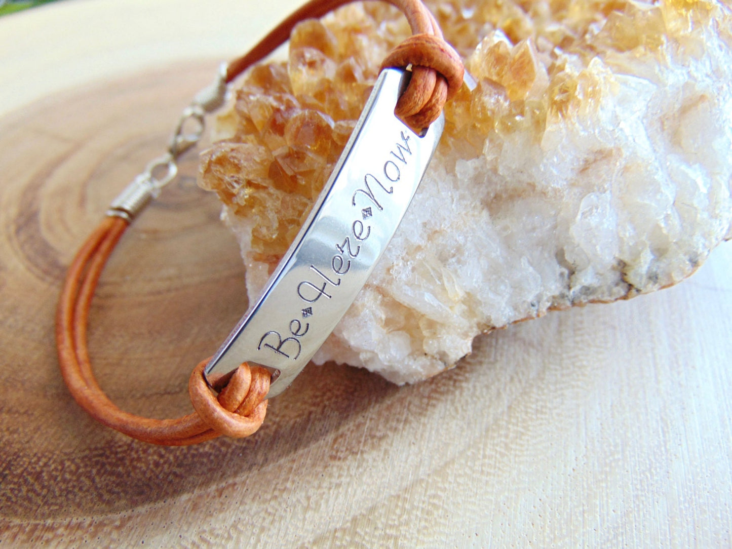 Personalized Engraved message on a bar bracelet and brown/black leather