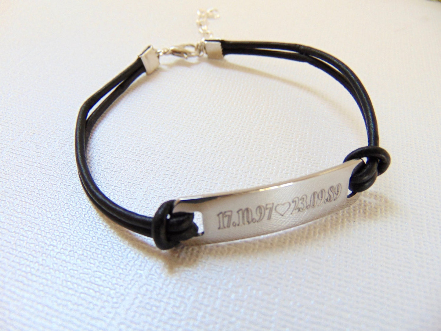 Custom Black leather bracelet, Personalized engraved message  on bar bracelet