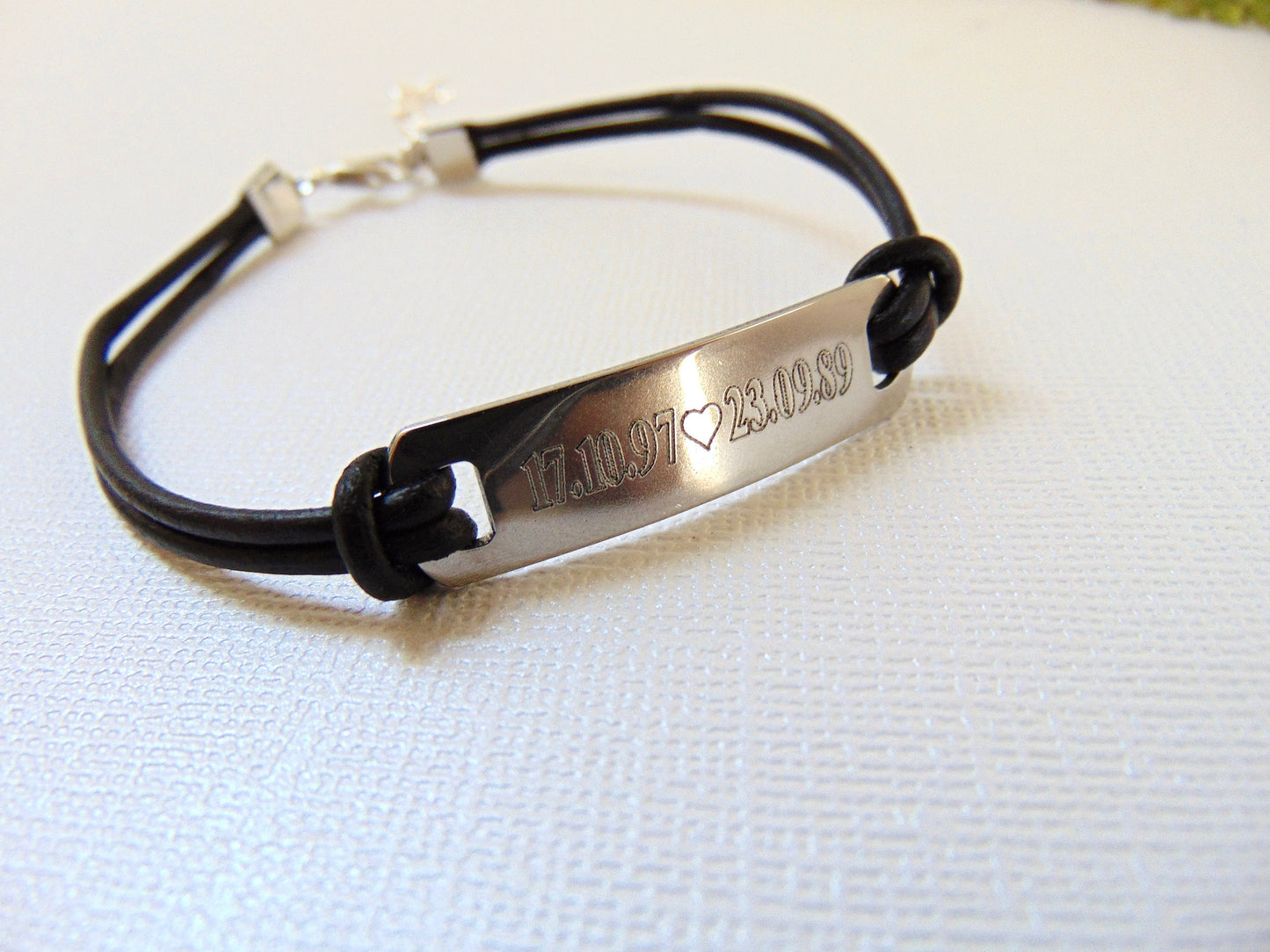 Personalized Engraved message on a bar bracelet and brown/black leather