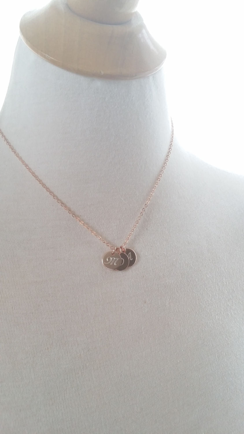 Monogram Disc necklace, Rose Gold Initial necklace, engraved Gold initial charm necklace