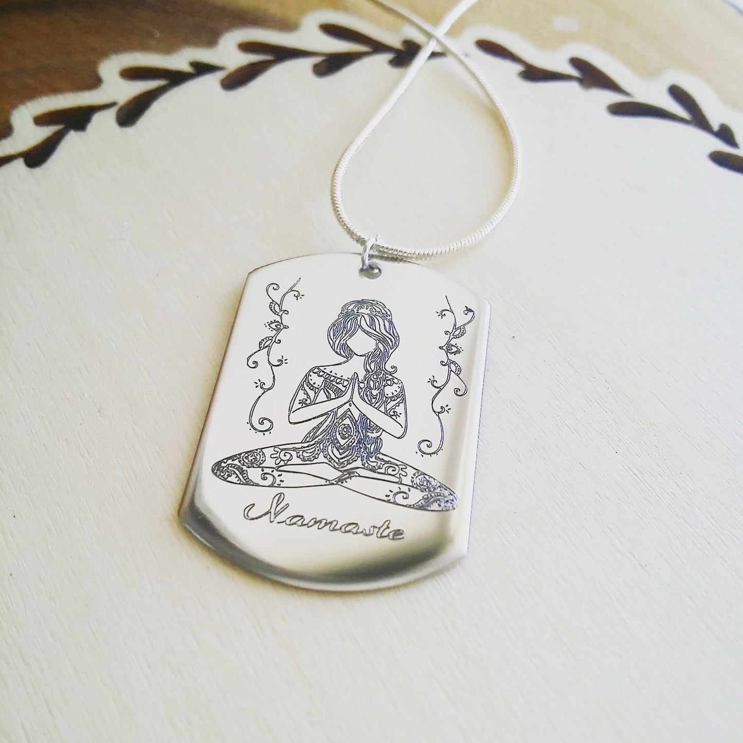 Namaste necklace, yoga pose engraved on silver necklace