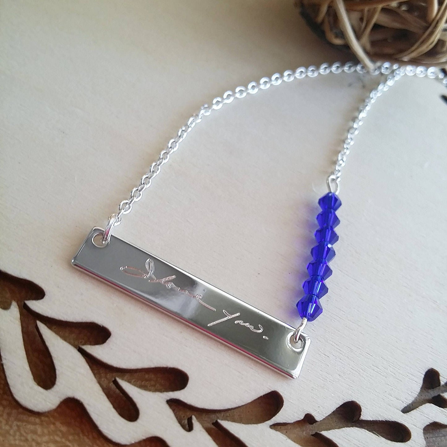 Handwriting bar necklace, Silver and birthstone necklace