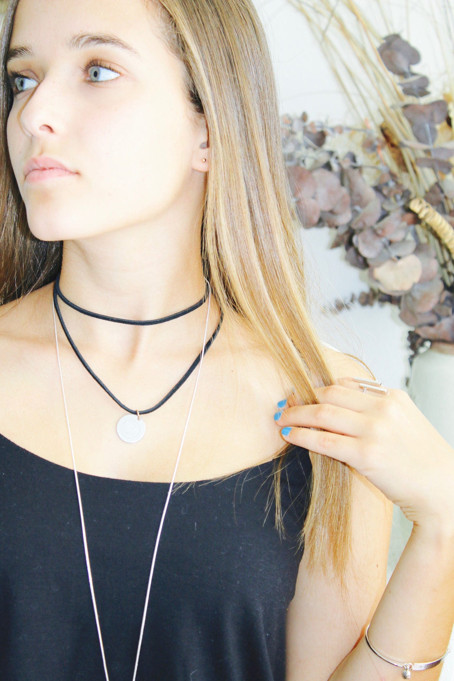 Black leather with initials coin necklace, double strand wrap choker