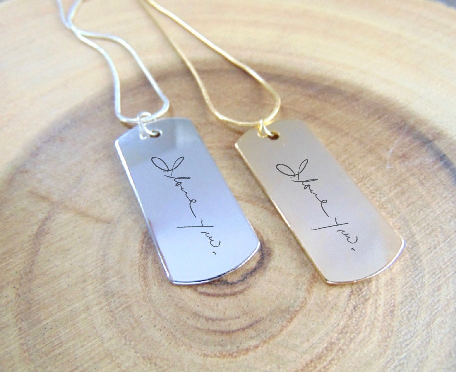 Gold/Silver necklace with personalized engraving, Actual Handwriting engraved on military tag pendant