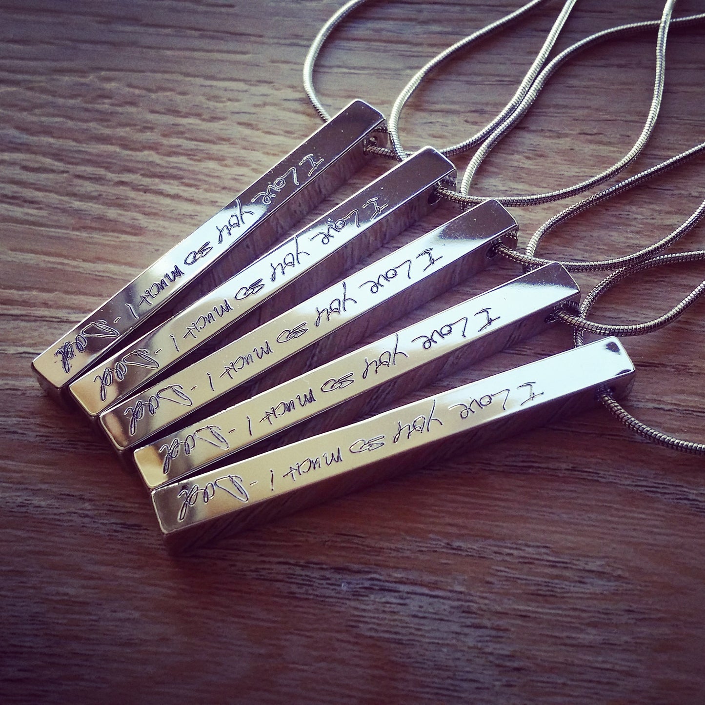 Custom handwriting necklace, 4 side engraved bar pendant, actual handwritten necklace, gold/silver/rose gold cuboid necklace. vertical bar