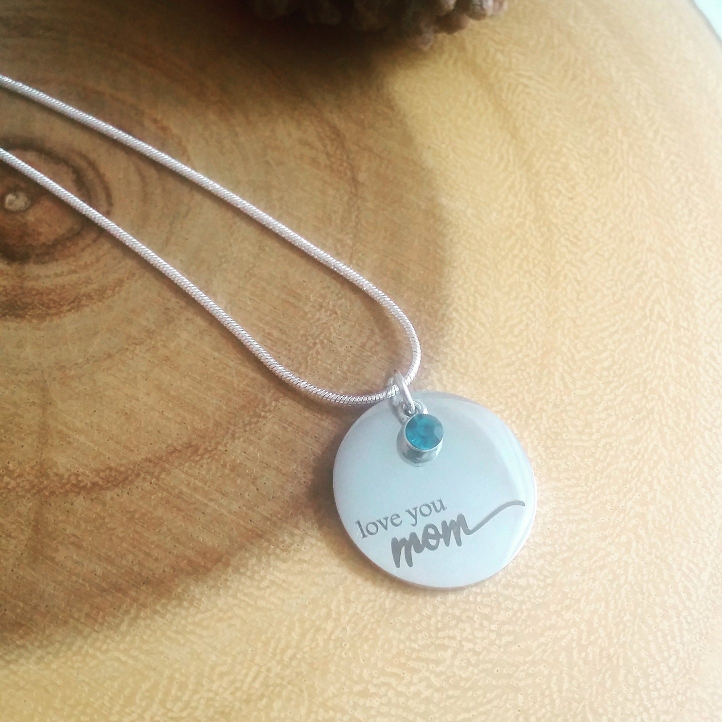 Love you MOM necklace engraved on silver pendant with BIRTHSTONE