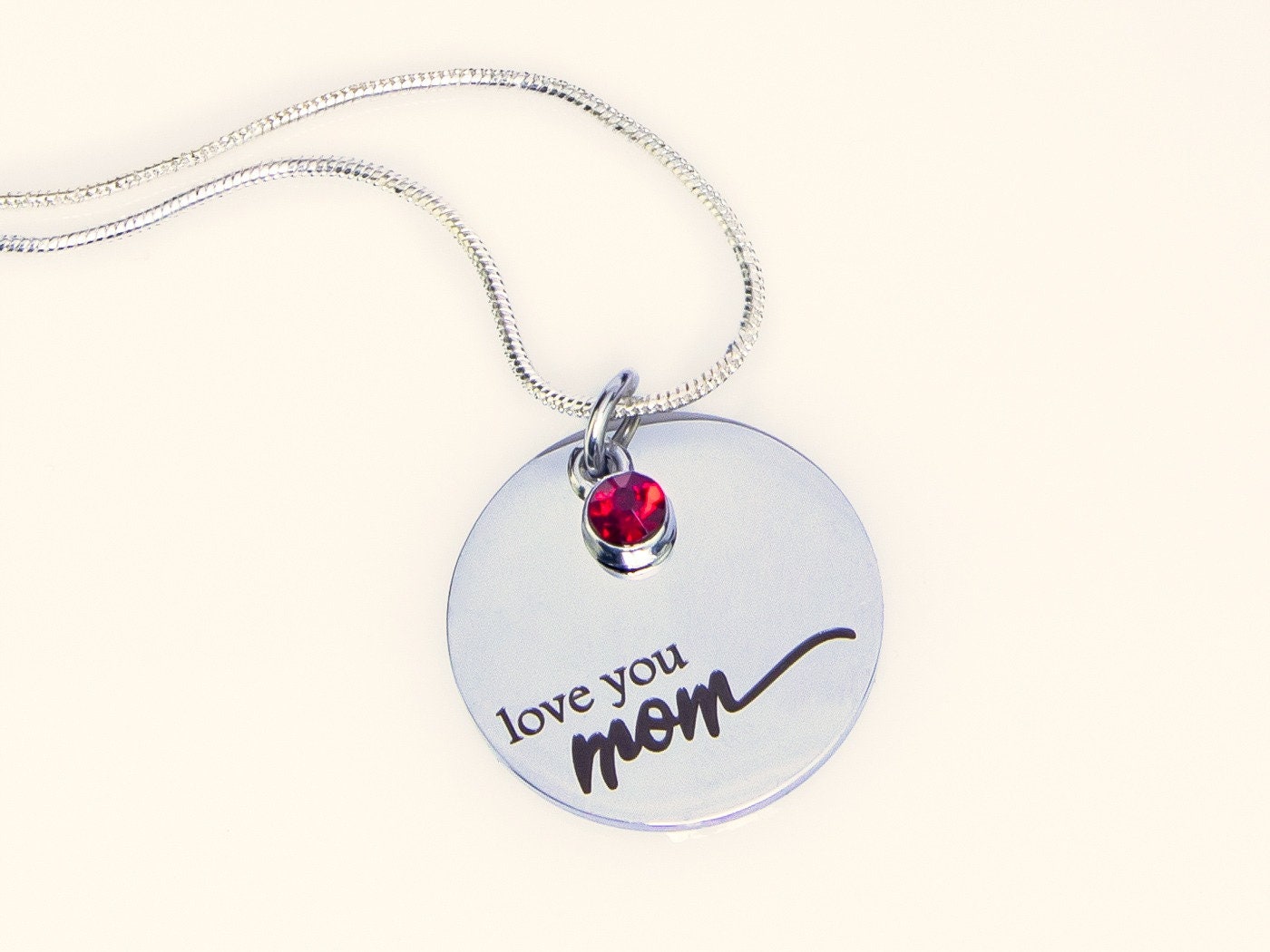 Love you MOM necklace engraved on silver pendant with BIRTHSTONE