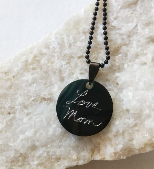 Personalized coin pendant in black, Actual Handwriting necklace