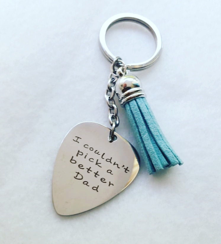 I couldn't pick a better dad - Engraved key chain, silver guitar pick, Fathers day gift,